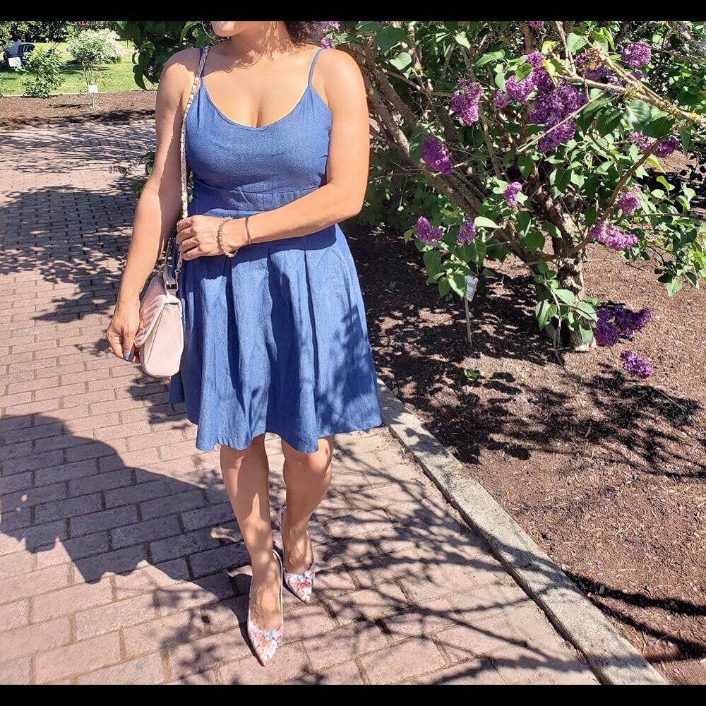 Blue denim mini dress w/spaghetti straps - Picture 3 of 8